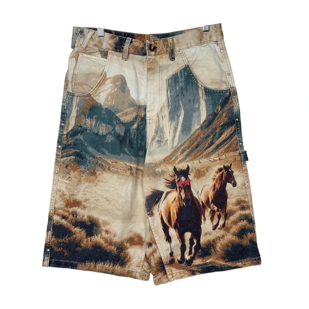 Zara TwoJeys Horse Carpenter Shorts 29 Brown Western Studded Denim Baggy Mens